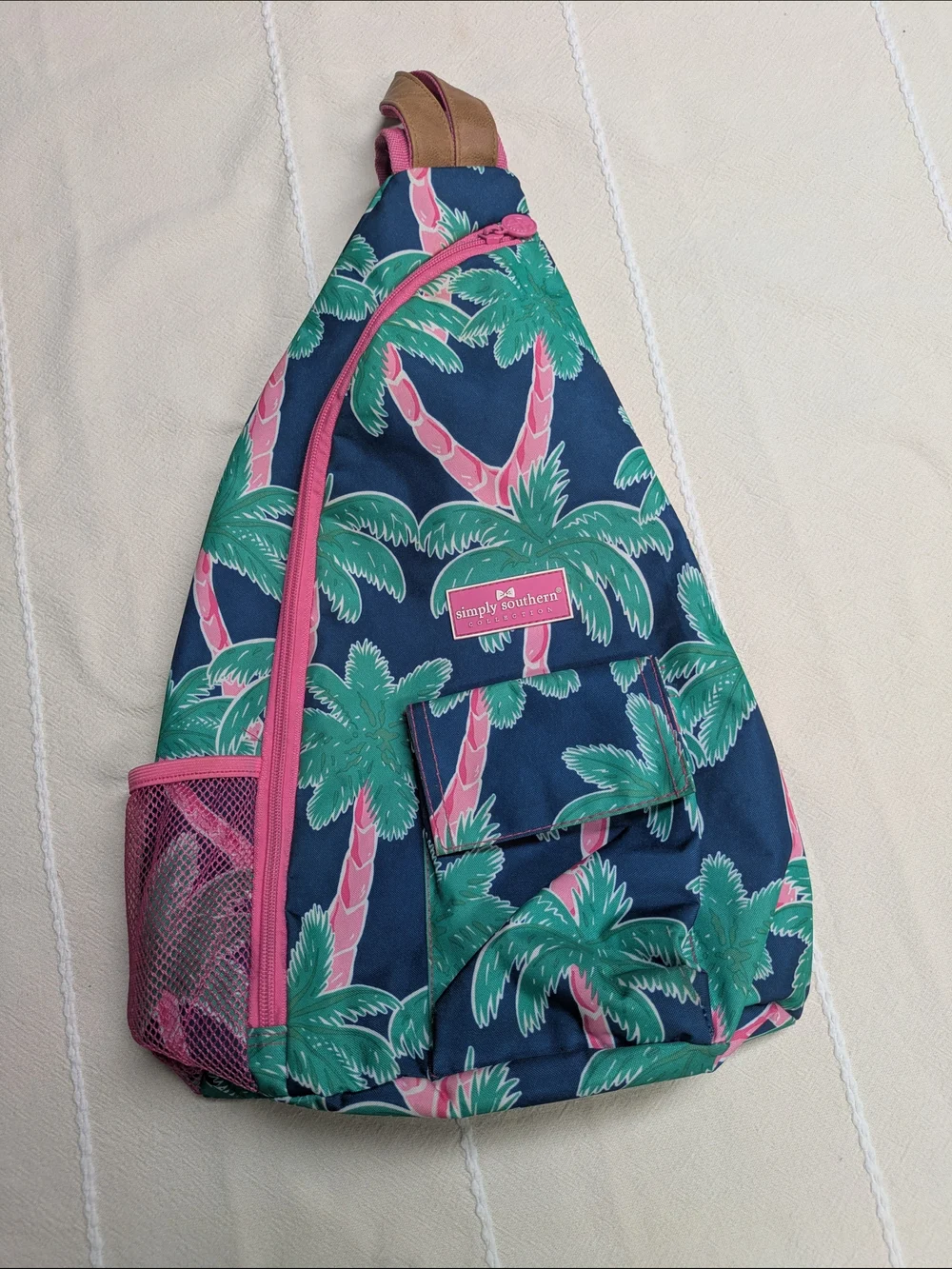 Simply Southern Navy Palm-Print Sling Cross Body Bag with Pink Trim